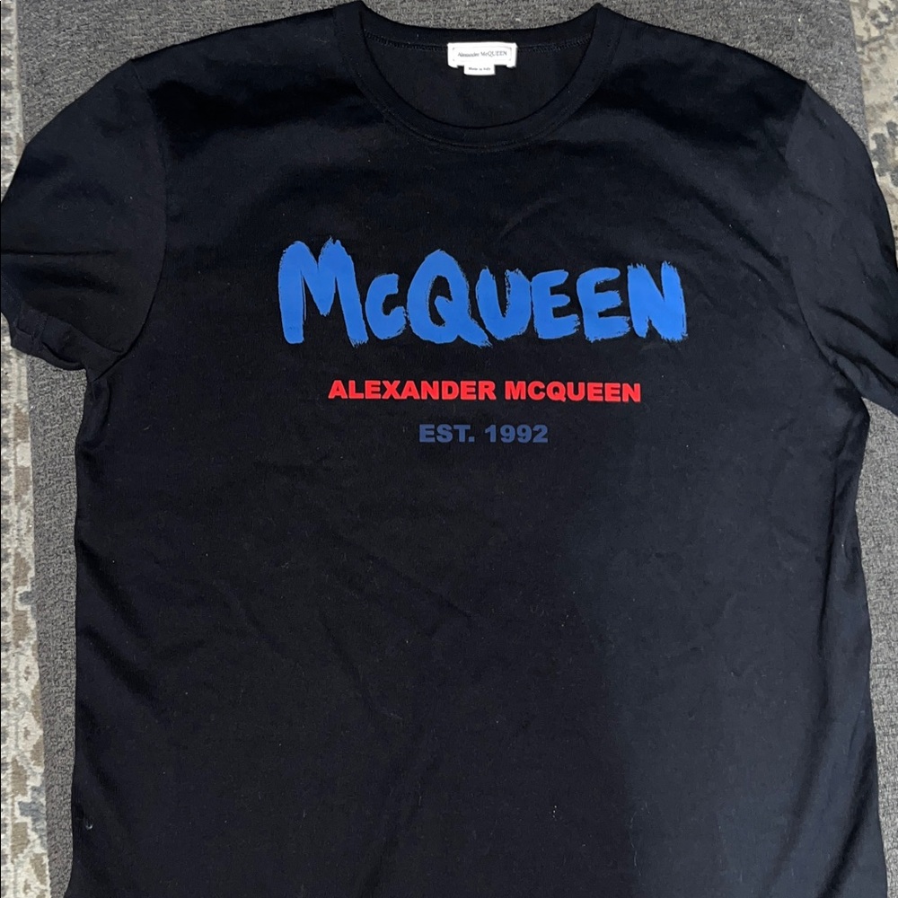 Alexander McQueen Black Tee with Blue and Red Accents